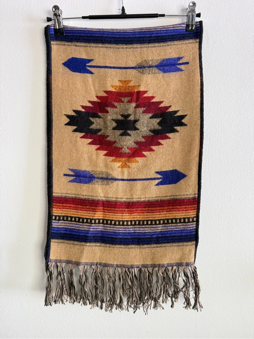 Vintage 90s El Paso Saddleblanket Co Table Runner 72x12 Tan Blue Maya Modern